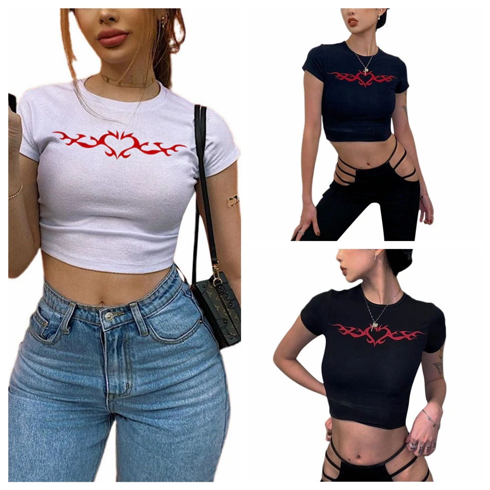 Women Fashion Short Sleeve Print T-shirt Stylish Round Neck Crop Top