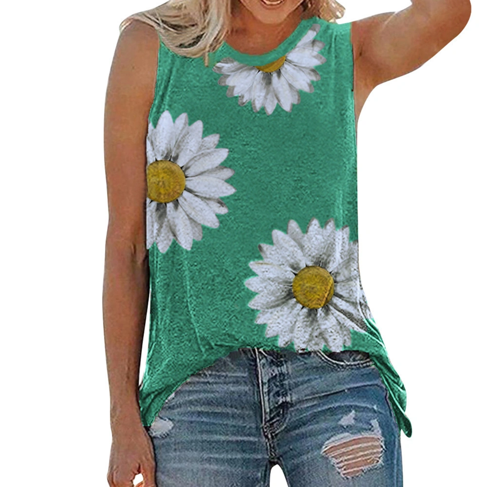 Loose Tank Top, Casual Sleeveless Sunflower Print Round Neck Pullover