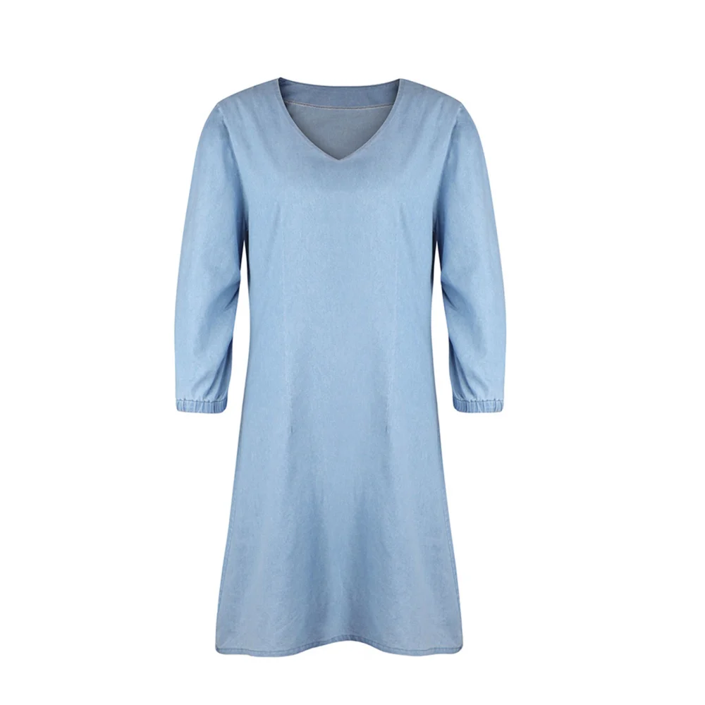 Women Fashion V-neck Solid Color Dress Stylish Denim Dress for Ladies