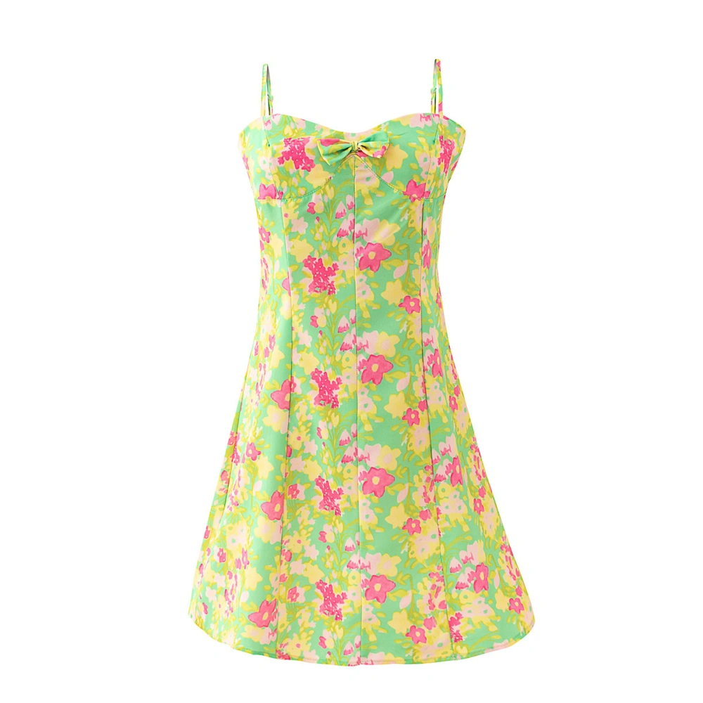 Floral Print V-Neck Adjustable Spaghetti Strap Bowknot Slip Dress