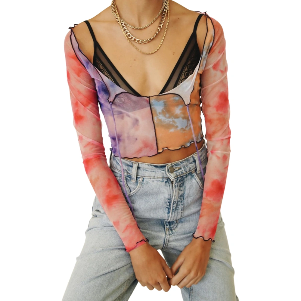 Women’s Tie-dye Mesh Yarn Stitching Navel Long Sleeve T-shirt