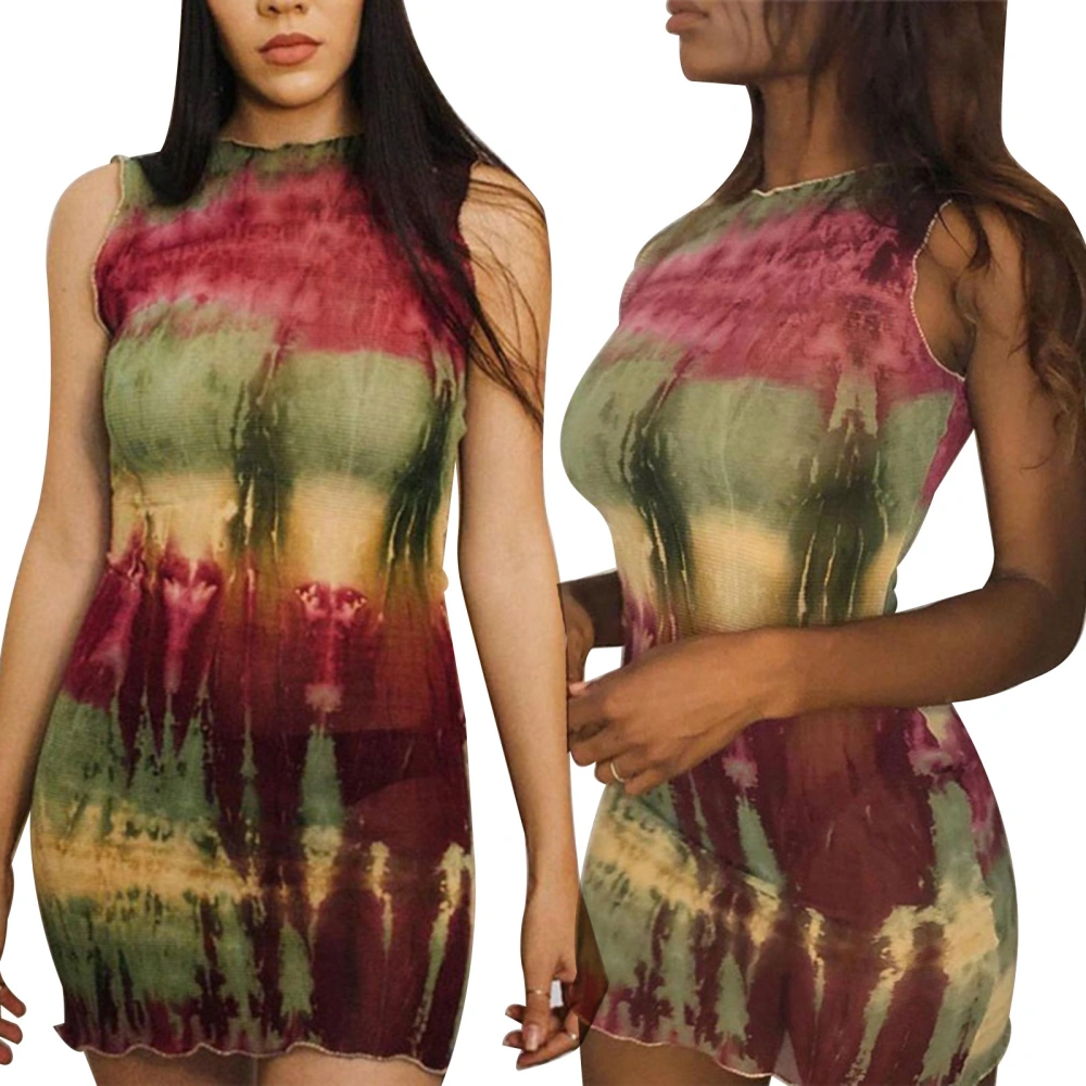 Color Block See-through Sleeveless Printed Round Neck Mesh Dress