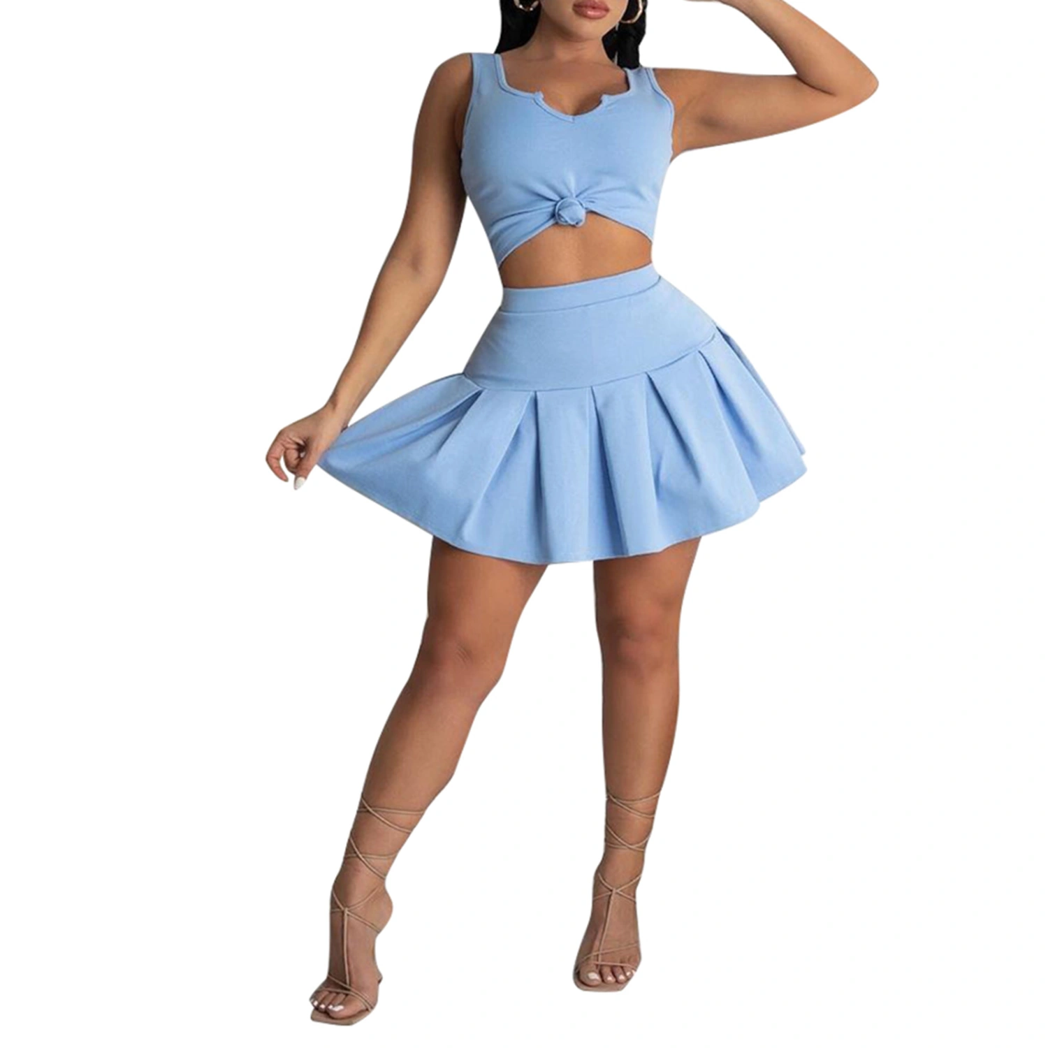 Women’s Solid Color Knotted Cropped Vest and A-line Short Skirt Suit
