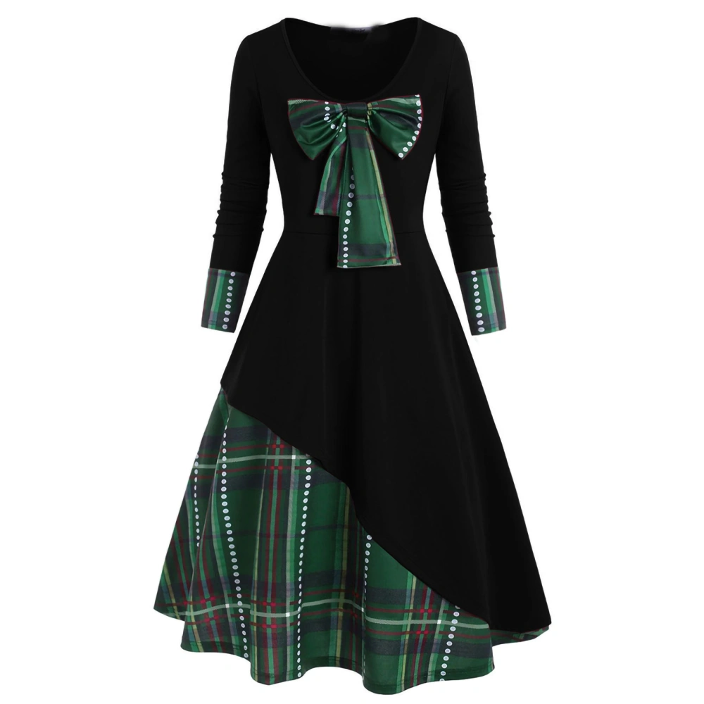 Women Casual Plus Size Dress Long Sleeve Plaid Patchwork A-line Dress