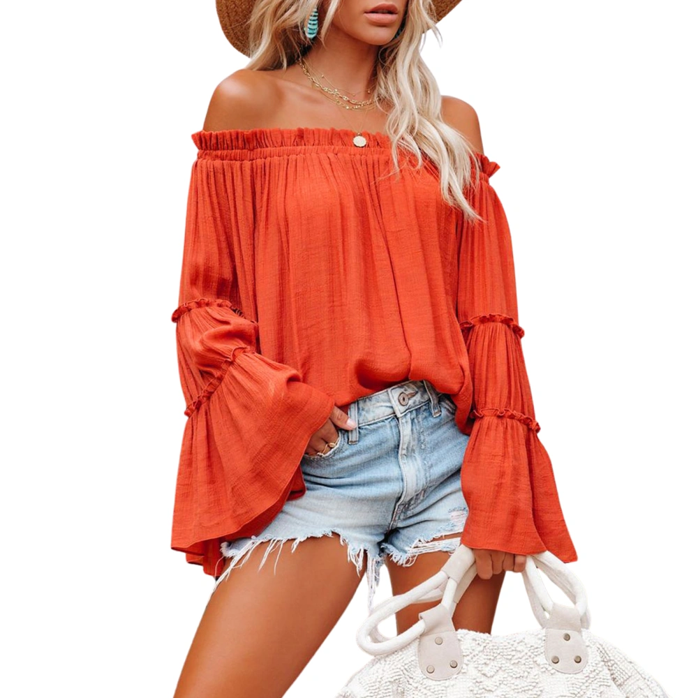 Women’s Fashion Solid Color Boat Neck Loose Flared Sleeve Tops