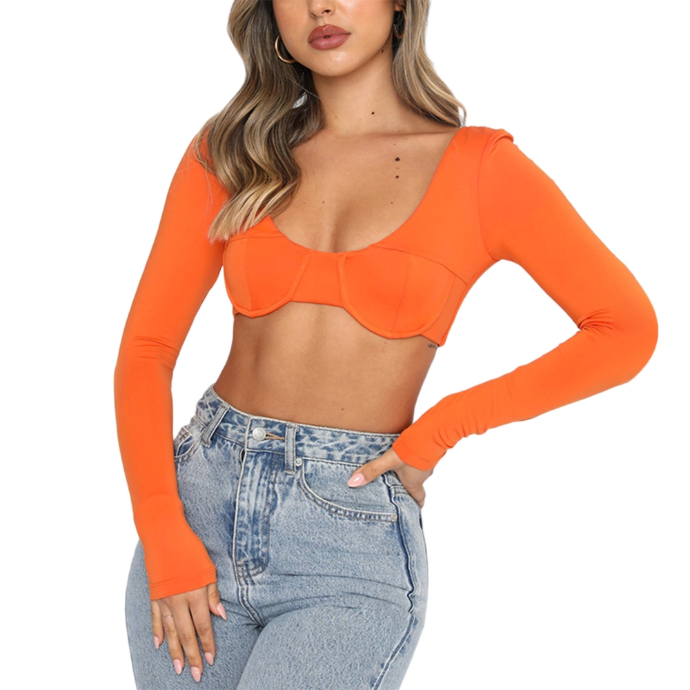 Women Sexy Crop Tops, Solid Color Low Cut Long Sleeve T-shirt 