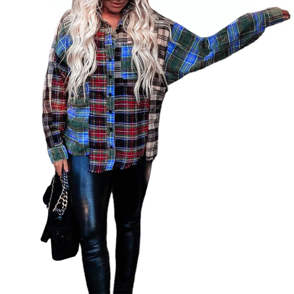 Casual Women Plaid T Shirt, Long Sleeve Buttoned Lapel Collar Check  