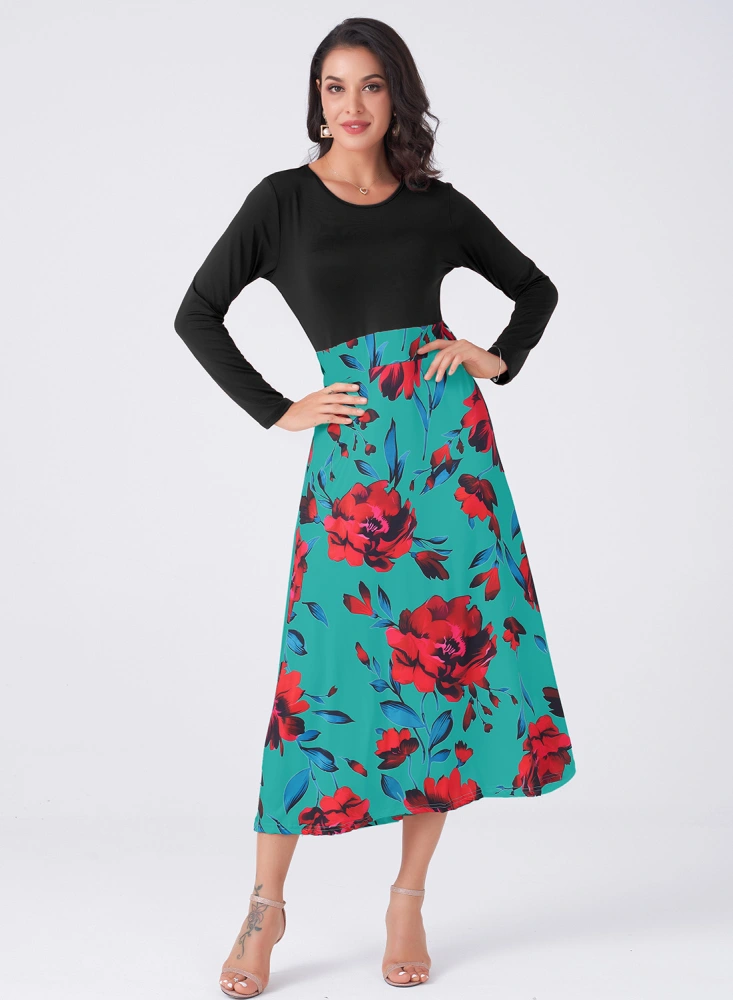 Women Autumn Casual Skirt, Floral Printed Splicing Long Sleeves Dress, Blue