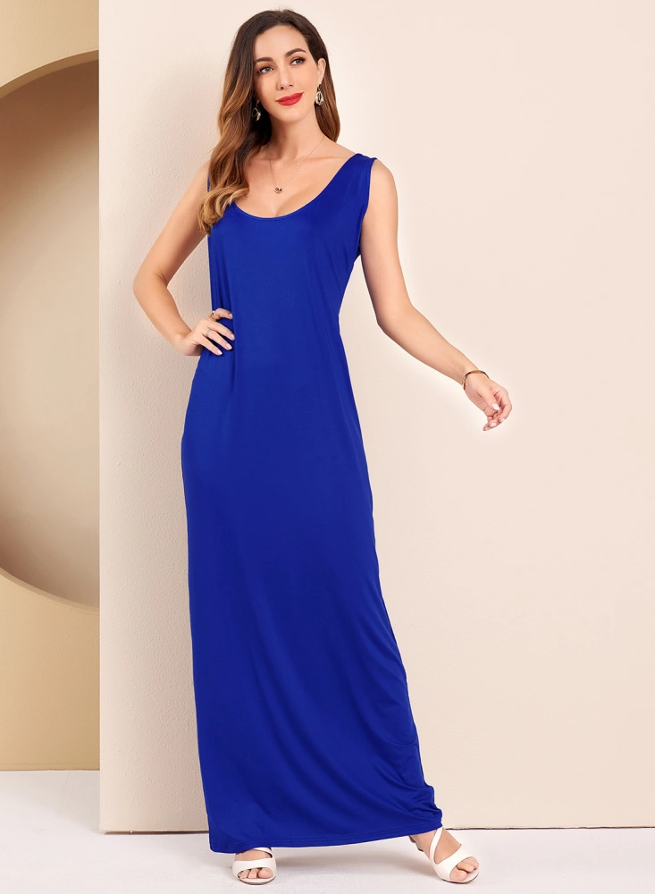 Women Summer Maxi Dress, Solid Color Low-Cut Ankle Length Jumper Skirt, Blue