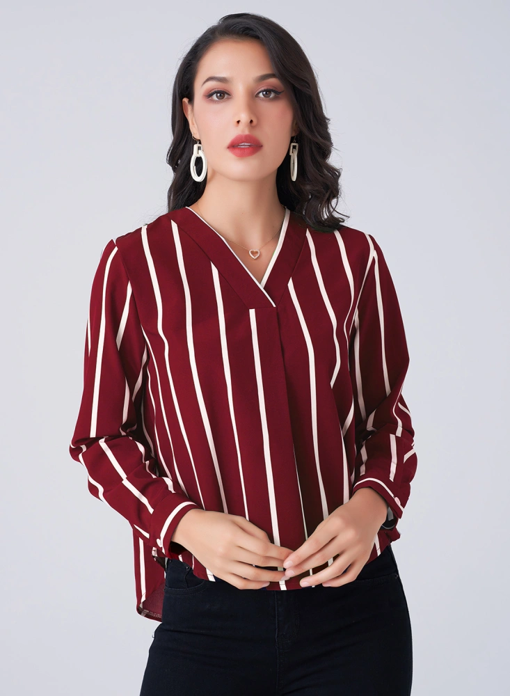 Women's Chiffon Coat Striped Tops V Neck Office Spring Blouse