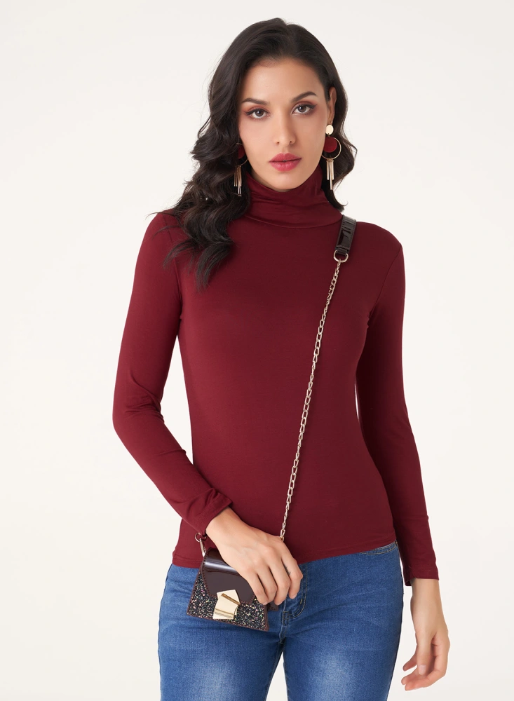 Woman's Solid Color Base Tops, Turtleneck Long Sleeve Slim Knitted Sweater