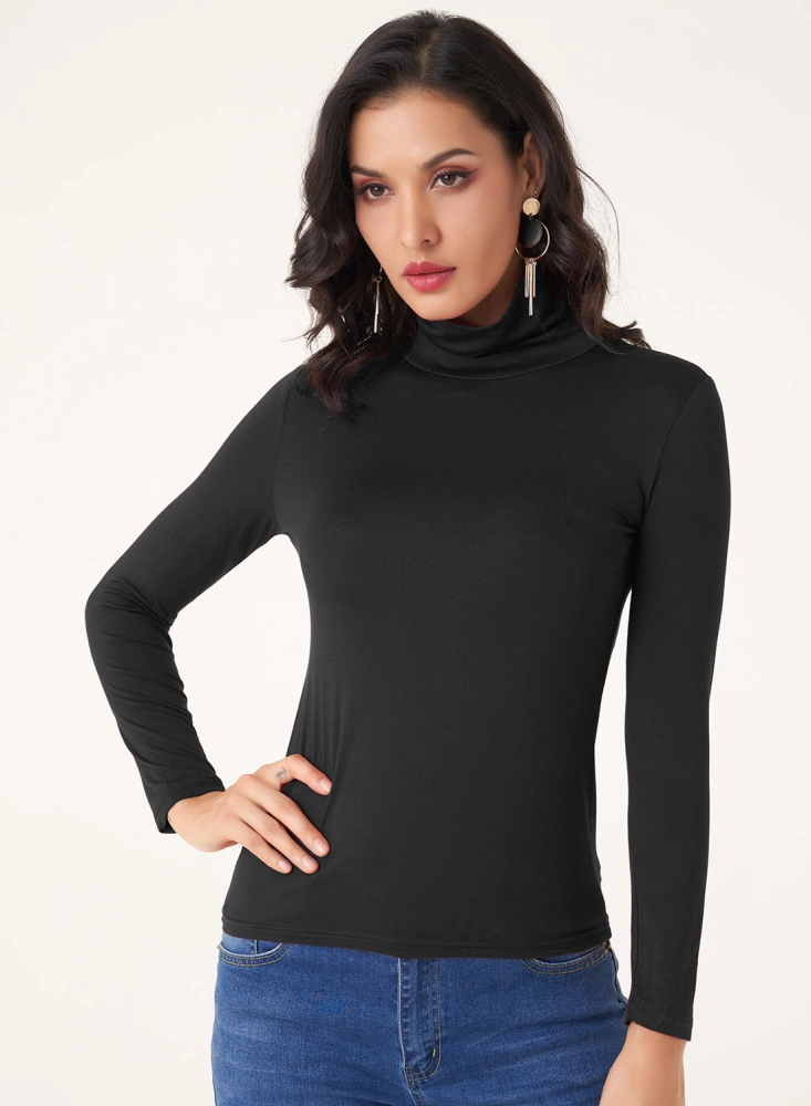 Women's Half High Collar Shirt, Long Sleeve Solid Color Tops