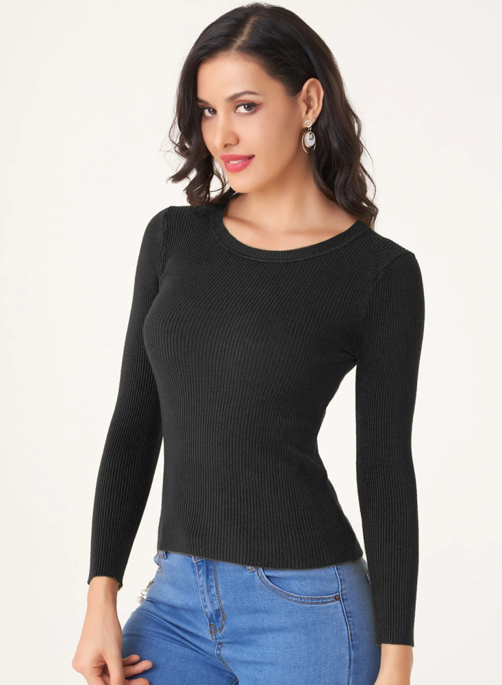 Women’s Solid Color Knit Shirt, Crew Neck Long Sleeve Sweater Tops