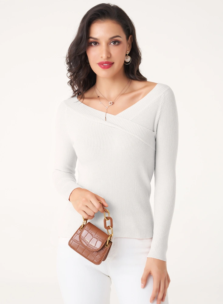 Women’s Solid Color Knit Shirt, V Neck Long Sleeve Sweater Tops