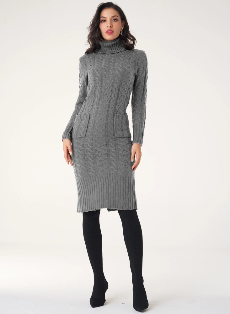 Lady's Sexy Knitted One-piece Dress, Turtleneck Long Sleeve Splitting Skirt