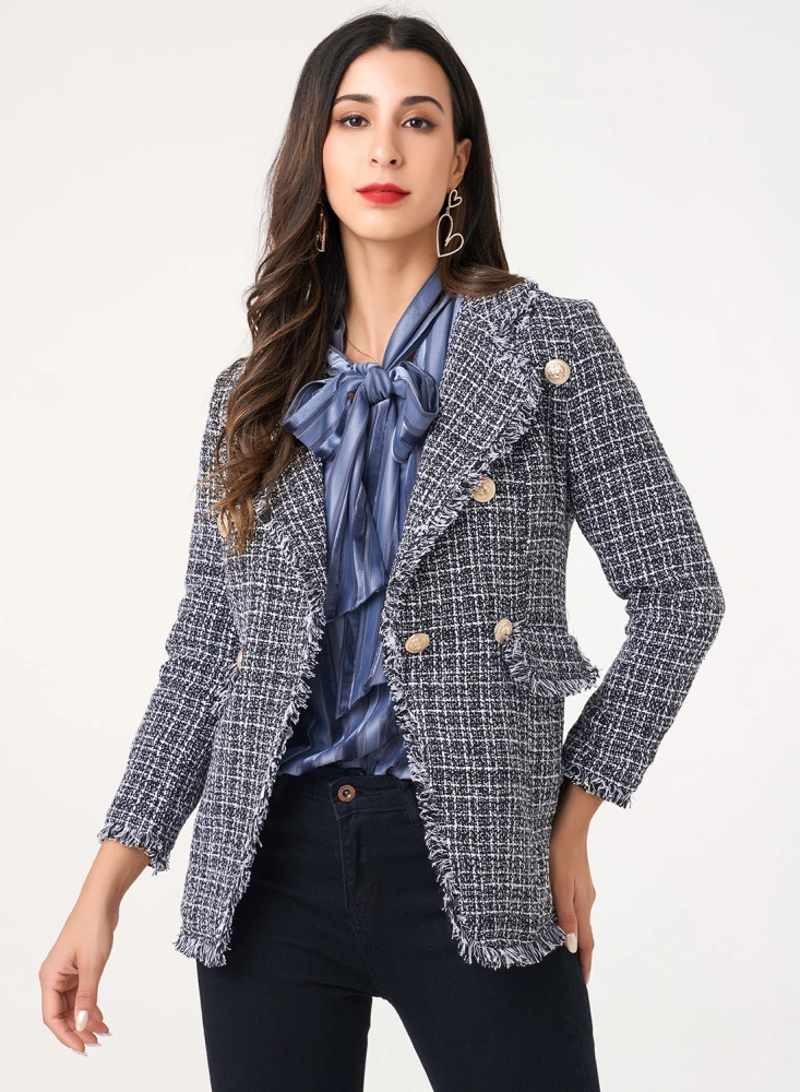 Women Plaid Suit Jacket with Double-breasted Decoration Clothing