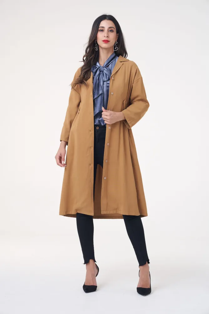 Female Coat, Solid Color Turn-Down Collar Long Sleeve Surcoat Dress