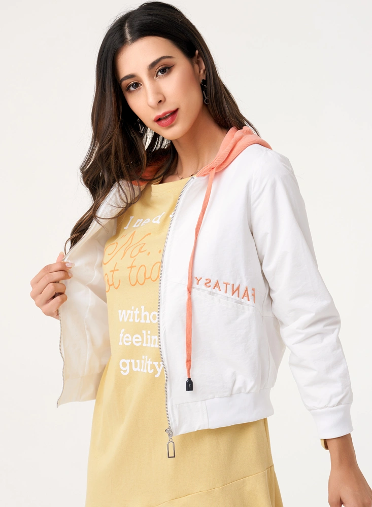 Women Color Block Embroidered Letters Long Sleeve Zipper Coat Outerwear