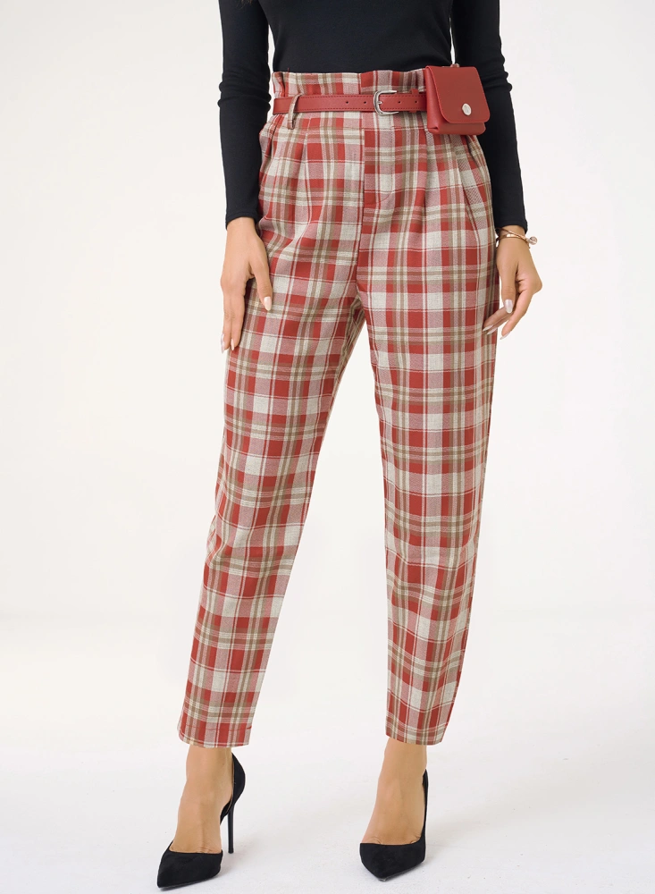 Women Basic High Waist Plaid Leggings Trousers Pants with Bag Belt