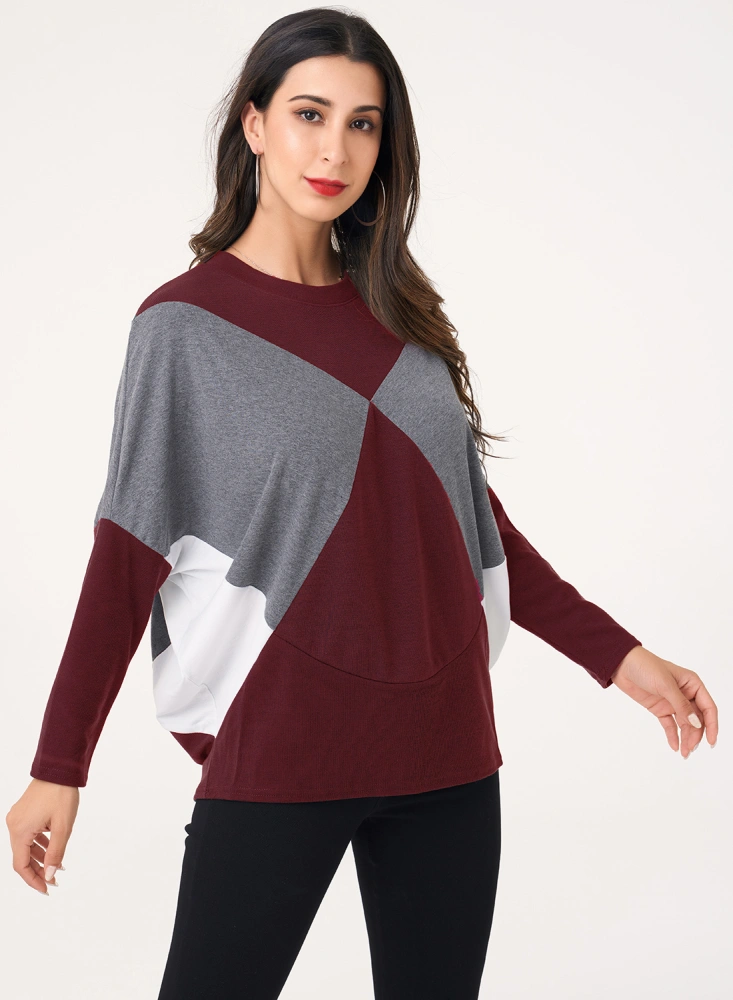 Women Color Block T-shirt, Autumn Loose Batwing Sleeve Round Neck Pullover