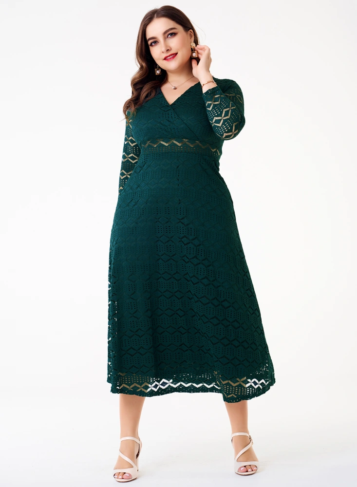 Women's Lace Dress Patchwork Spring Fall Tummy Control V Collar Midi