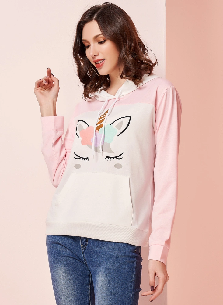 Ladies Leisure Style Hoodie, Cartoon Animal Printing Long Sleeve Thin Hooded Top