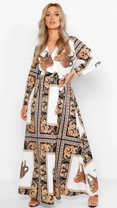 Women V Neck Long Sleeve Fashion Printed Bohemian Maxi Dresses