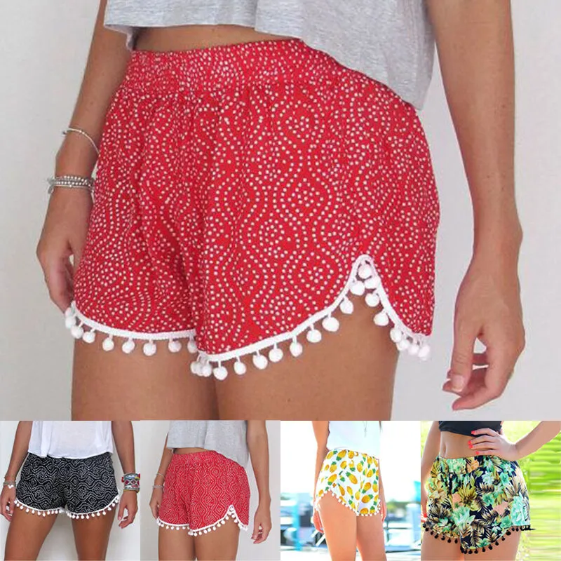 Women Summer Print Tassel Shorts with Small Ball Edge High Waist Hot Pants