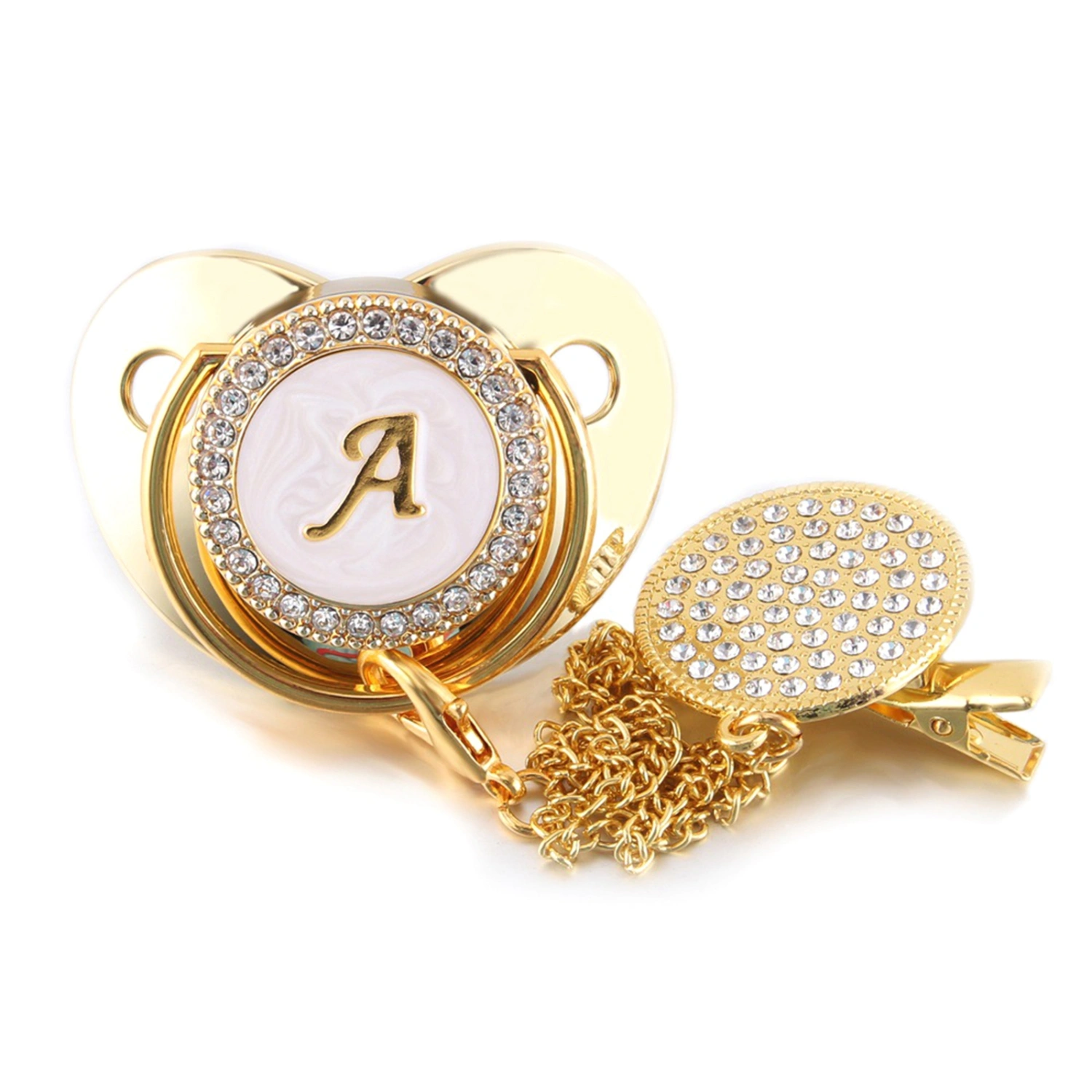 Gold A-Z Initial Letters Baby Pacifier with Clips and Anti-dust Cover