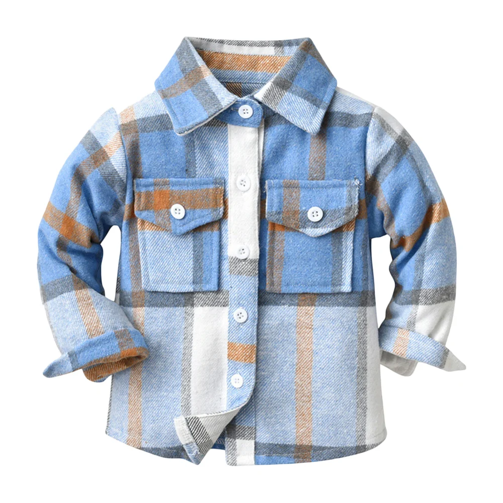 Kids Boys Shirts Coat Plaid Turn-Down Collar Long Sleeve Outerwear