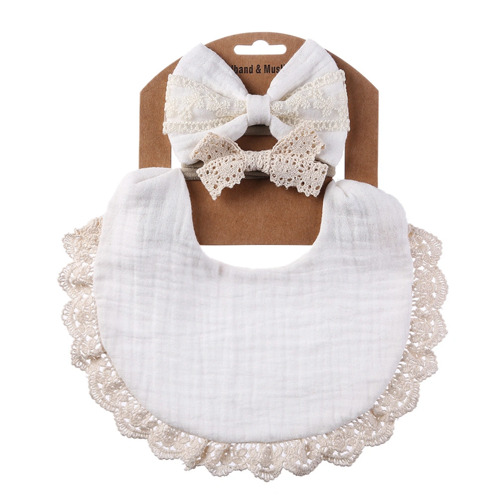 Baby Girls Bib Set, Soft Lace Patchwork Burp Cloth + Bowknot Hair Rope