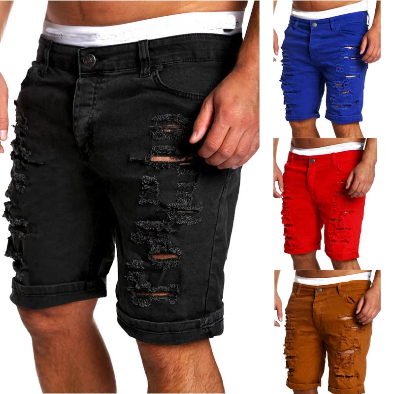 Male Skinny Denim Pants, Straight Destroyed Ripped Knee Length Jeans