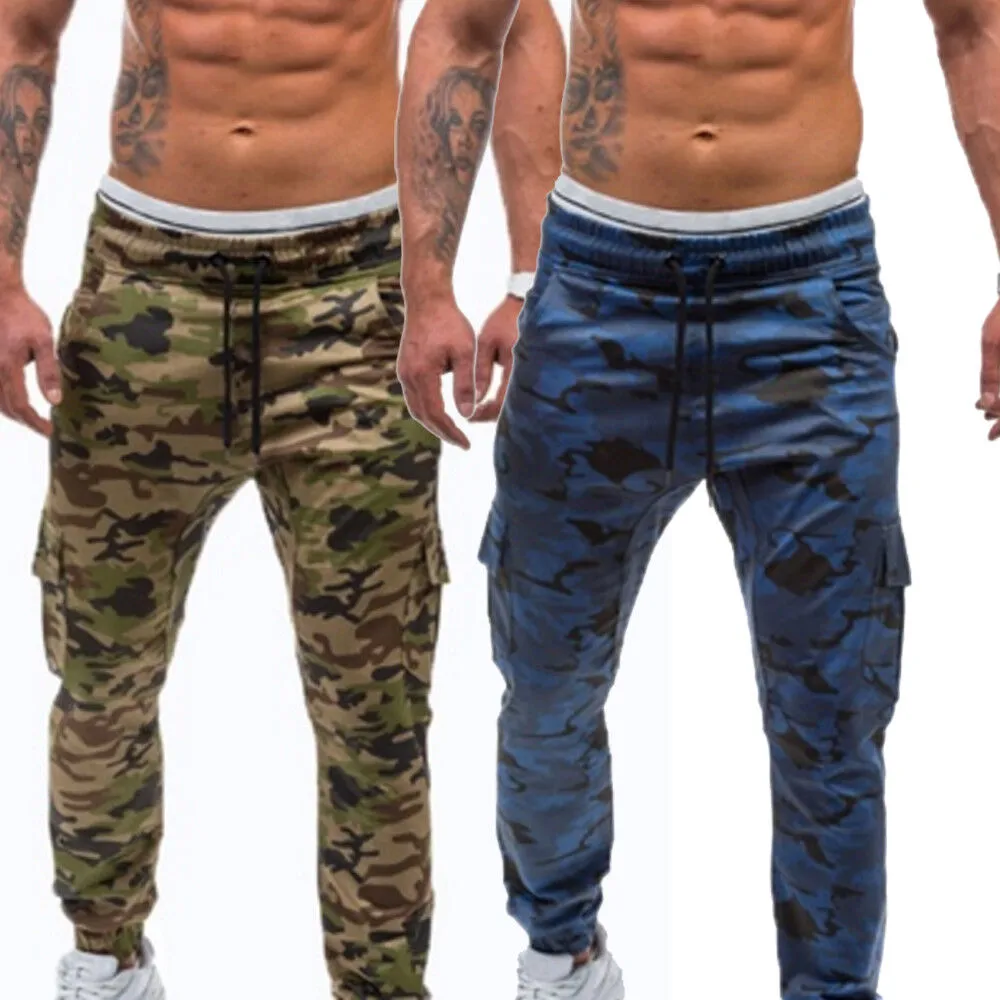 Men's Camouflage Long Pants, Pockets Drawstring Sports Trousers