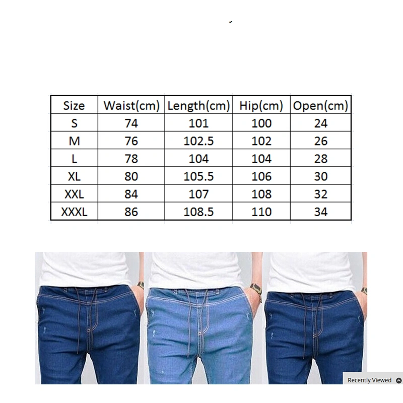 Men Solid Jeans High Waist Drawstring Blue Denim Pants Trousers