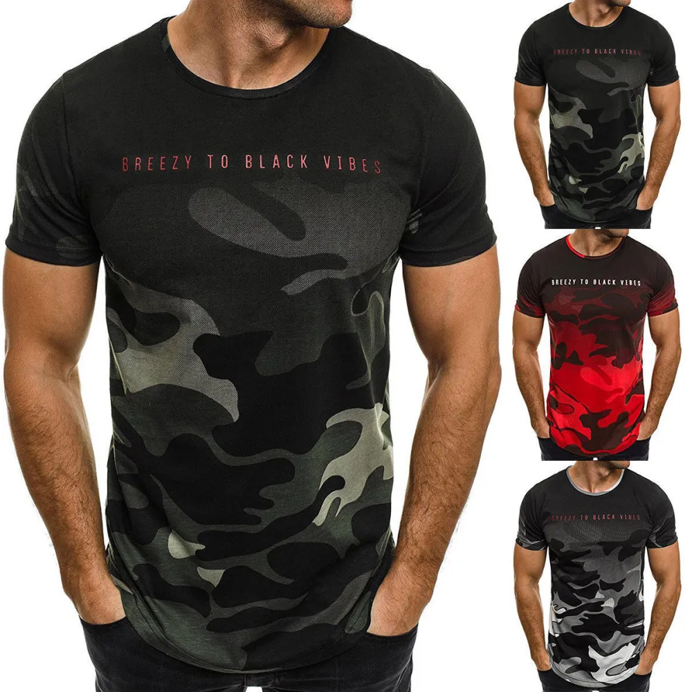 Men's Short Sleeve T-Shirt, Camouflage Letter Print Crew Neck Tops