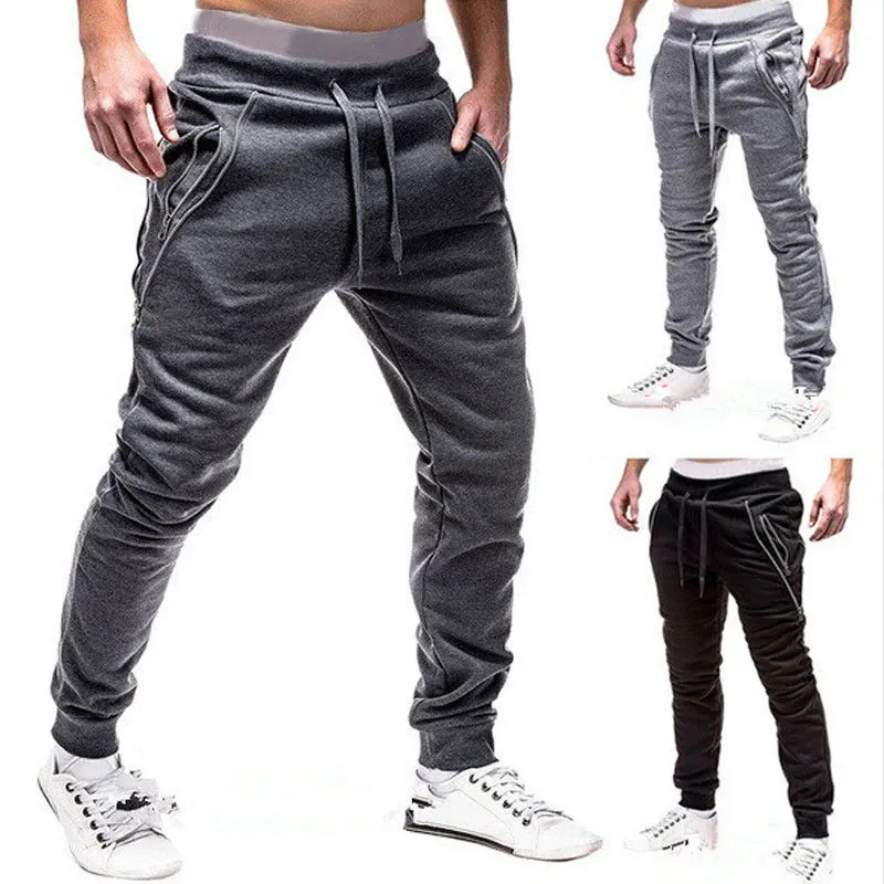 Male Casual Monochrome Long Trousers, Elastic Waist Workout Pants