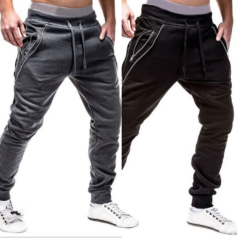Male Casual Monochrome Long Trousers, Elastic Waist Workout Pants