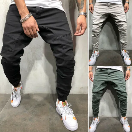 Men's Side Pockets Long Pants, Elastic Waist Drawstring Gym Trousers