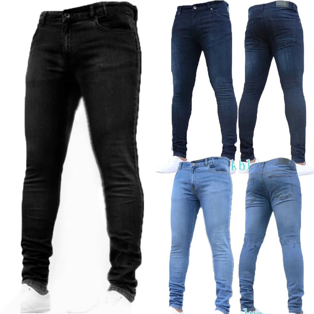 Men Skinny Jeans, Pencil Denim Pants, Zipper Solid Color Trouser