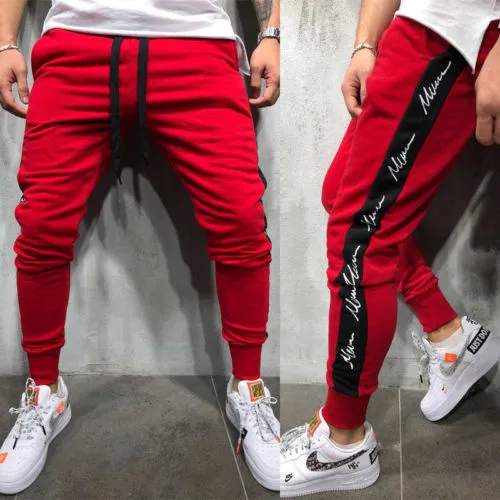 Male Monochrome Letter Printed Trousers ,Elastic Waist Drawstring Sweatpants