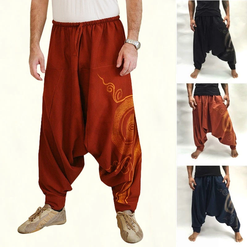 Men's Vintage Loose Baggy Pants, Cotton Linen Wide-legged Trouser Hip Pop Style