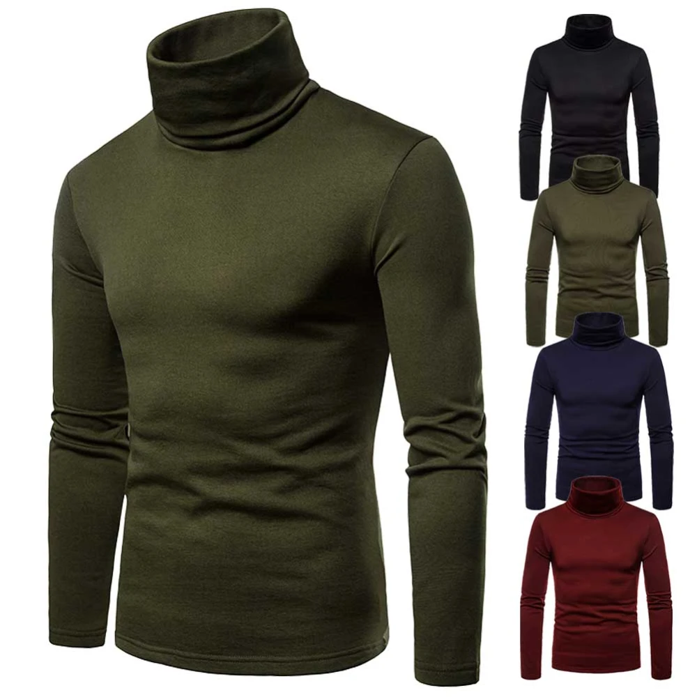 Men Winter Pullover, Turtle Neck T-shirt, Solid Color Slim Fit Tops