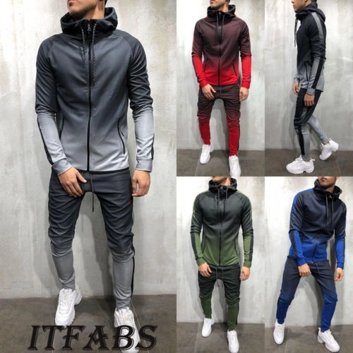 Men's Gradient Sports Suit, Casual Long Sleeve Hooded Top and Long Trousers