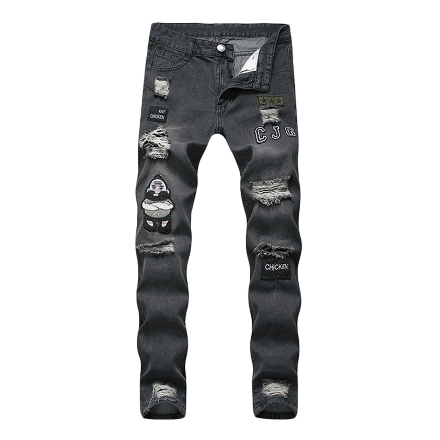 Men's Hole Denim Pants Leisure Skinny Letter Embroidery Trend Trousers