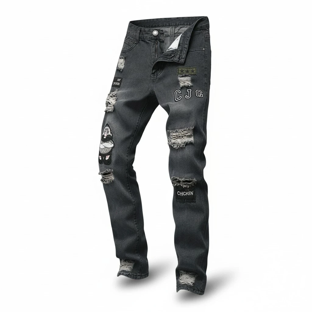 Men's Hole Denim Pants Leisure Skinny Letter Embroidery Trend Trousers