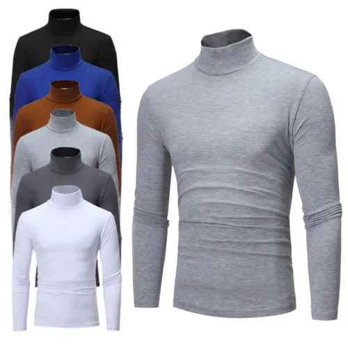 Men Long Sleeve Shirt  High Neck Solid Color Stretch Tops Slim Pullover