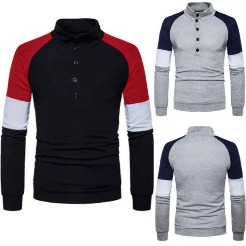 Male Button Henley Collar Knitting Sweater, Contrast Color Pullover Sweater