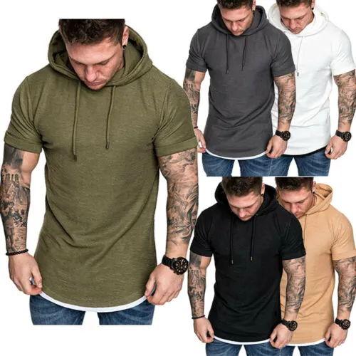 Men Summer Hoodie Pullover Short Sleeve Solid Color Sweatshirt Hip Hop Sweater