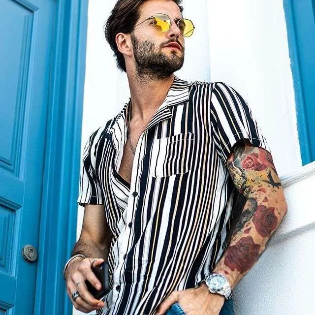 Men's Button Down Beach Shirt, Printed/Striped Short-Sleeved Tops