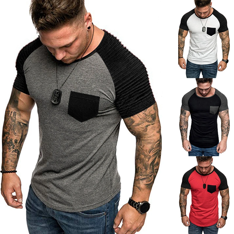 Men's Short Sleeve T-Shirt Summer Casual Patchwork Jogging Fitness Sports Tops